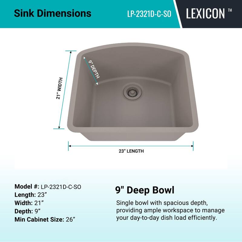 23 Inch Lexicon Platinum Quartz Composite Drop-in Undermount D-Shaped Single Bowl Galaxy Concrete Kitchen Sink LP-2321D-C-SO
