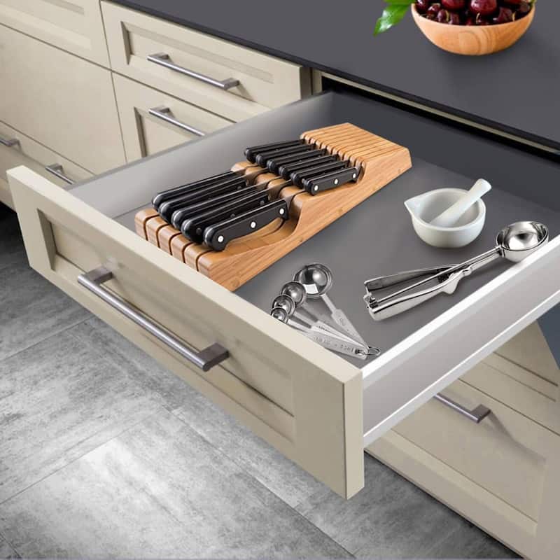 In-Drawer Knife Block - Bamboo Knife Drawer Organizer for Kitchen | Fits 5 Long + 6 Short Knives - Knives not included