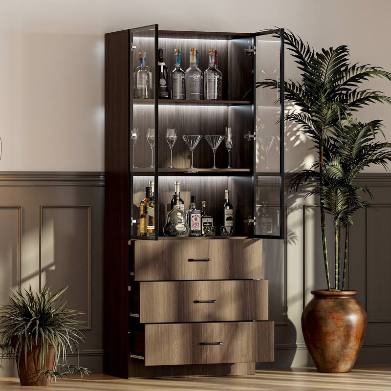 Bookshelves Bookcase Modular Glass Display Cabinet with LED Lights, Dark Wood Storage Combination Cabinet System