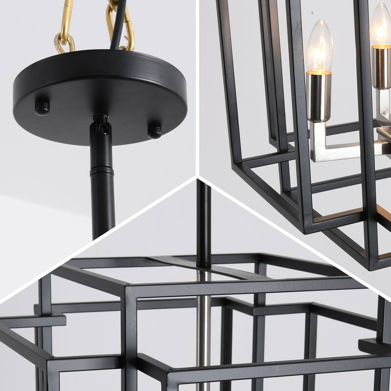 4 Light Foyer Chandelier, Lantern Pendant Light Cage Hanging Light for Entryway Dining Room, Black and Gold Finish