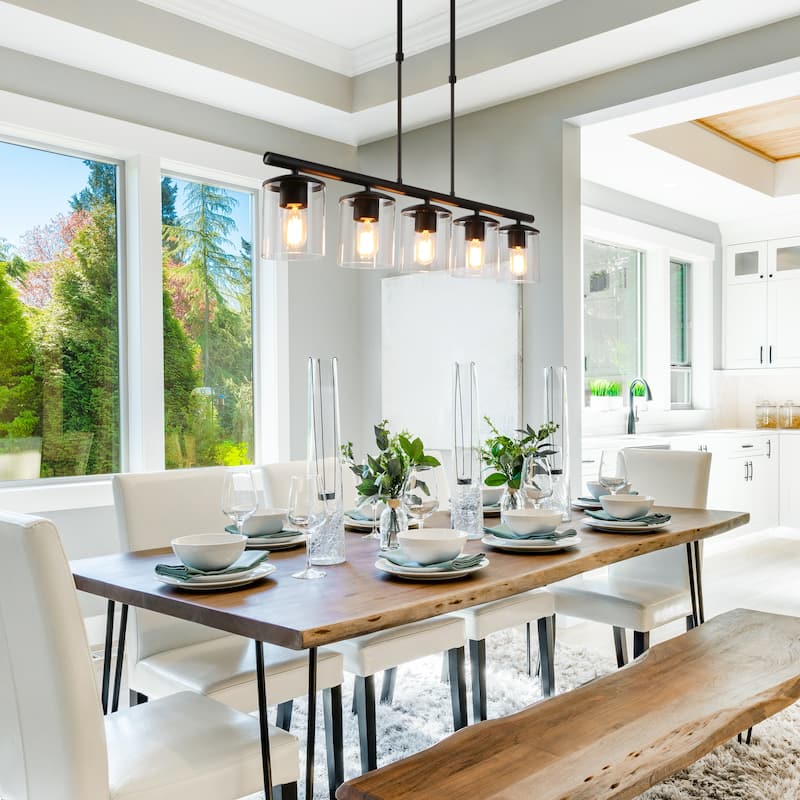 Farmhouse 5-Light Linear Black Chandelier with Clear Glass for Kitchen Island - L37"xW4.7"xH44.5"