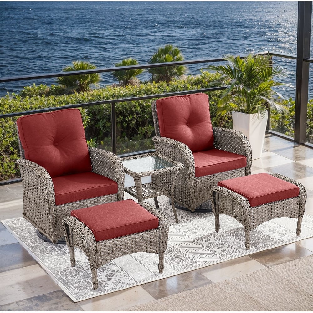 Gymojoy 5-Piece Outdoor Wicker Patio Swivel Chair & Ottoman Set, Rattan Coversation Set with Water Resistant Cushions