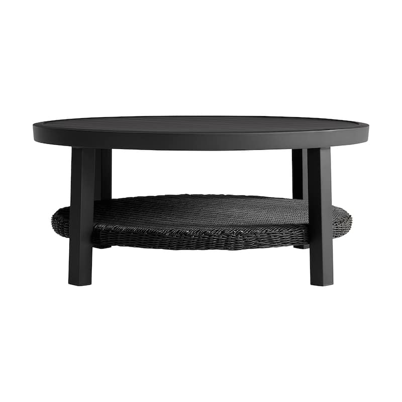Grand Black Aluminum Slat Top Round Outdoor Coffee Table with Wicker Shelf
