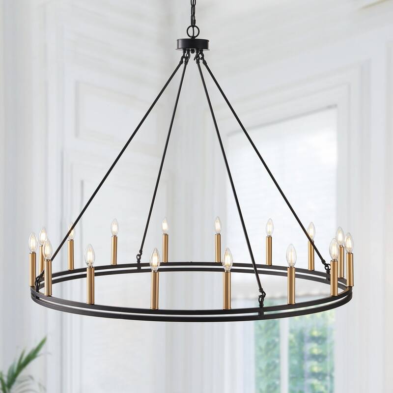 46" Farmhouse Rustic 16-Light Wagon Wheel Candle Style Chandelier - Black/Gold