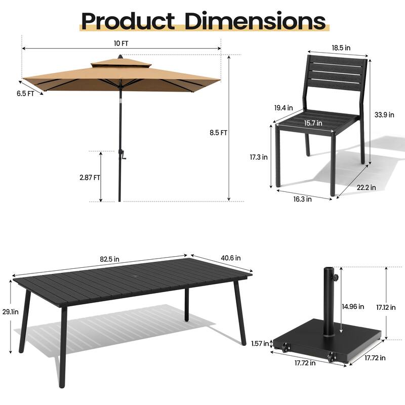 11PC Outdoor Patio Dining Set Wood-Like Aluminum Table with Stackable Chairs,Double Top Market Umbrella and Wheel Base