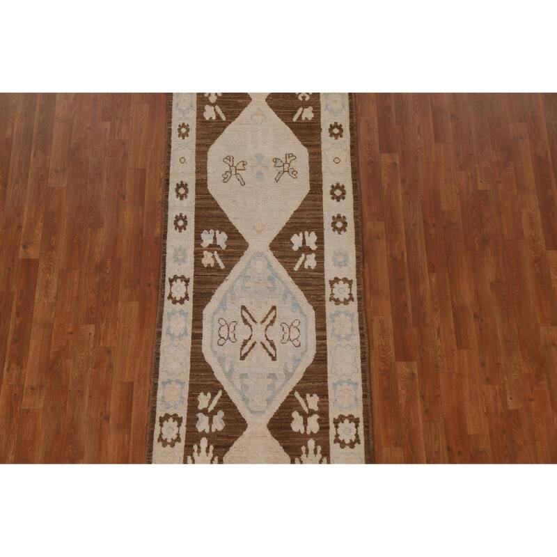 Geometric Oushak Turkish Runner Rug Handmade Wool Carpet - 2'10"x 9'1"