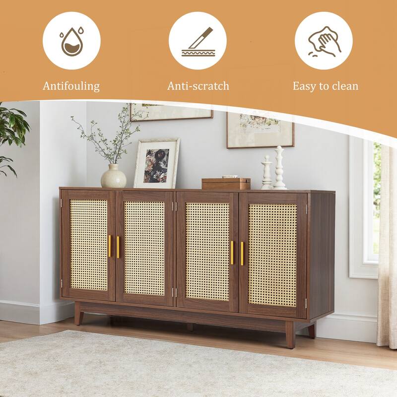 Rattan Accent Cabinet Storage Sideboard Buffet with 4 Doors