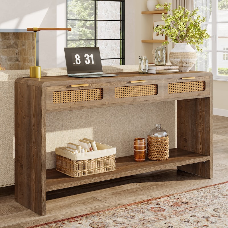 55" Narrow Console Sofa Table with 3 Rattan Drawers and 2-tier Storage Shelf - 13.78" D x 55.12" W x 32.68" H - Brown