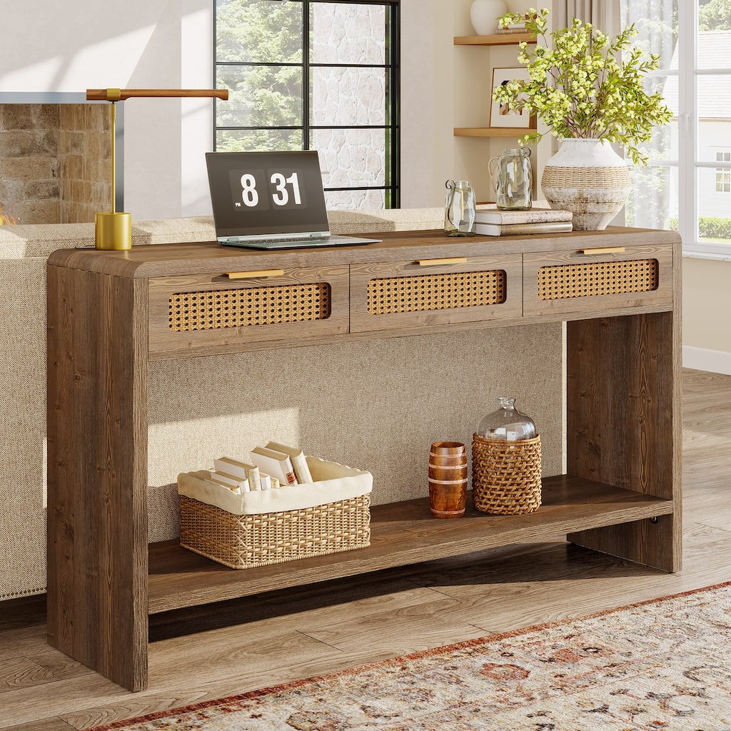 55" Narrow Console Sofa Table with 3 Rattan Drawers and 2-tier Storage Shelf - 13.78" D x 55.12" W x 32.68" H