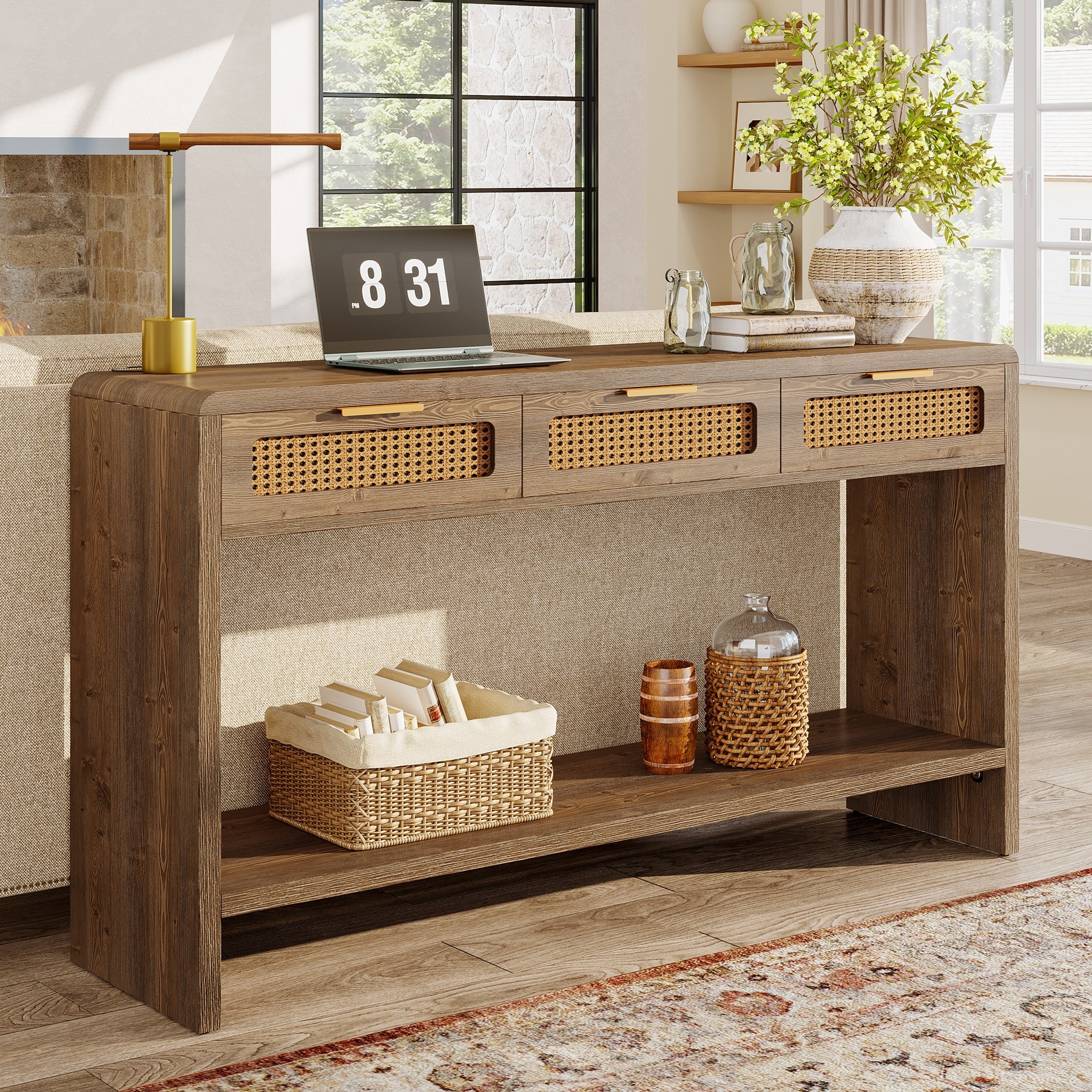 55" Narrow Console Sofa Table with 3 Rattan Drawers and 2-tier Storage Shelf - 13.78" D x 55.12" W x 32.68" H