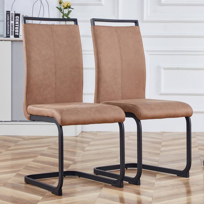 Modern PU Faux Leather High Back Dining Chairs with C-shaped Tube Chrome Metal Legs - Set of 2 - Brown+Black