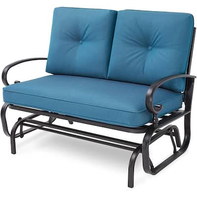 Nista 2 Person Outdoor Patio Black Metal Double Rocker Glider Garden Bench Loveseat with Cushions by Havenside Home