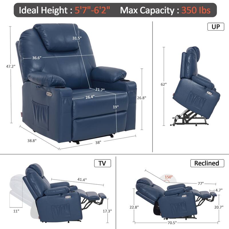 MCombo Large-Wide Power Lift Recliner Chair Sofa with Massage and Heat for Elderly People, Faux Leather R7510