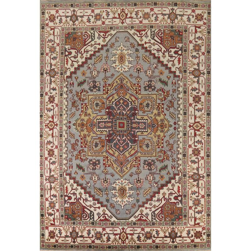 Heriz Serapi Indian Area Rug Handmade Grey Wool Carpet - 8'11" x 11'9"