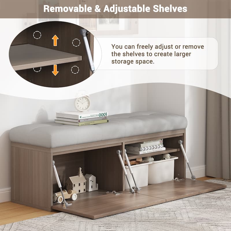 Wooden Shoe Storage Bench Entryway Tufting Bench w/ Adjustable Shelves聽