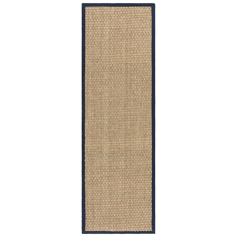 SAFAVIEH Natural Fiber Zymryd Basketweave Seagrass Rug - 2'6" x 22' Runner - Natural/Navy Blue