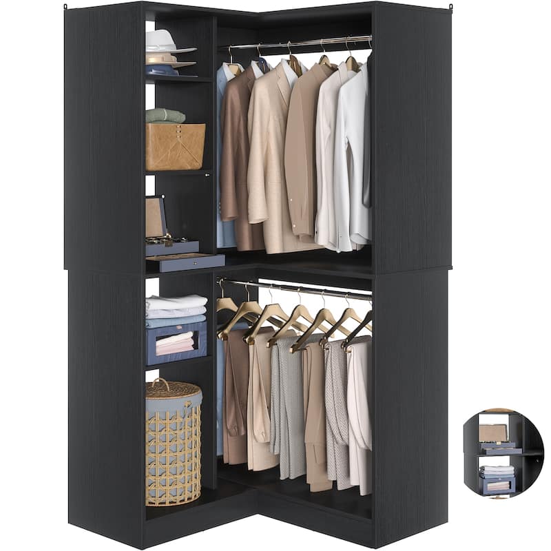 Qvella 72"-108" Closet System with Drawers and Hanging Rods,Freestanding Walk-in Closet Organizer System Wardrobe Closet Tower