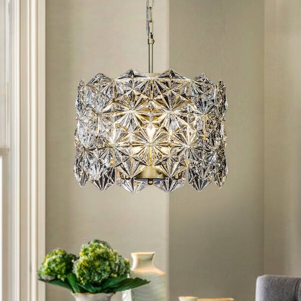 slide 2 of 9, 4-Light Glam Silver Leaf Drum Chandelier with Hexagonal Glass Accents - W:16.4"