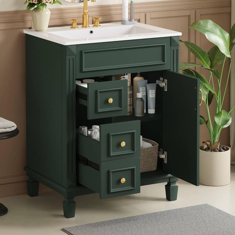 24" Bathroom Vanity with Ceramic Sink, 2 Drawers and Adjustable Shelf - Green