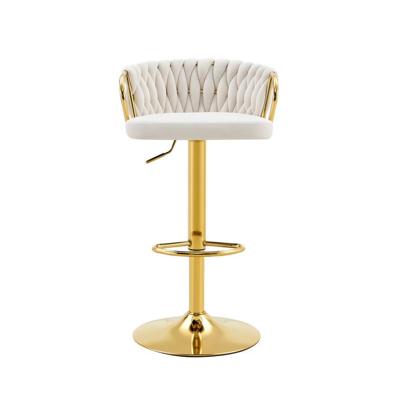 Set of 2 Modern Luxury Swivel Velvet Bar Stools, Adjustable Height with Gold Base & Rope Backrest - Beige