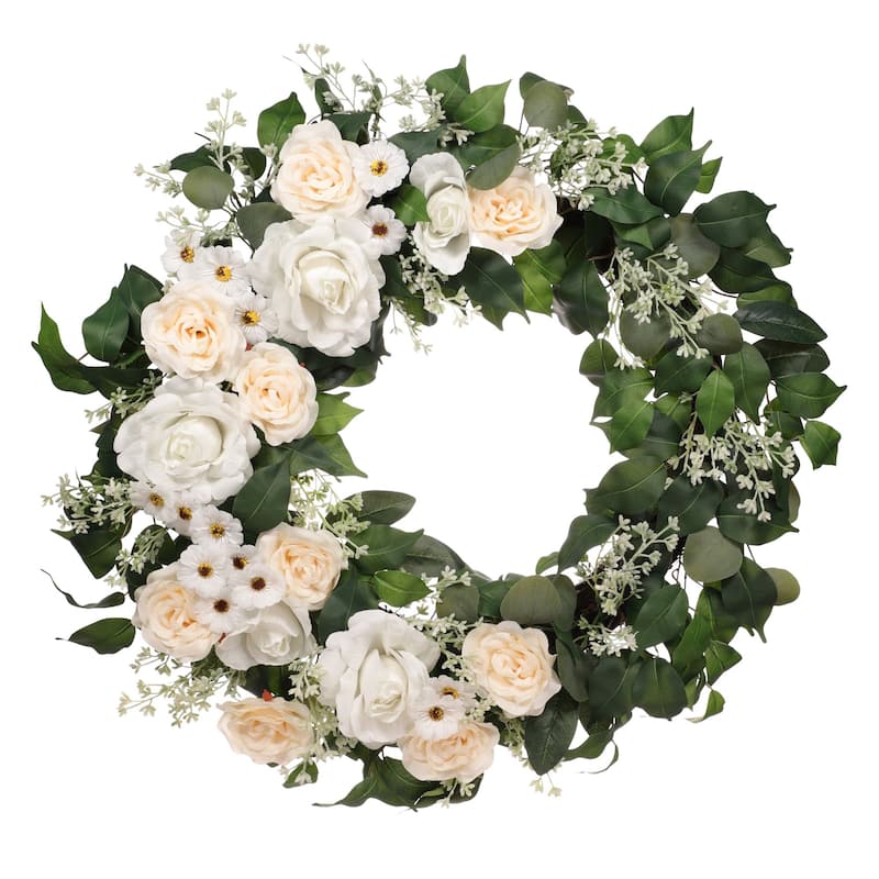 Rose and Camellia Floral Artificial Spring Wreath, 30-Inch, Unlit