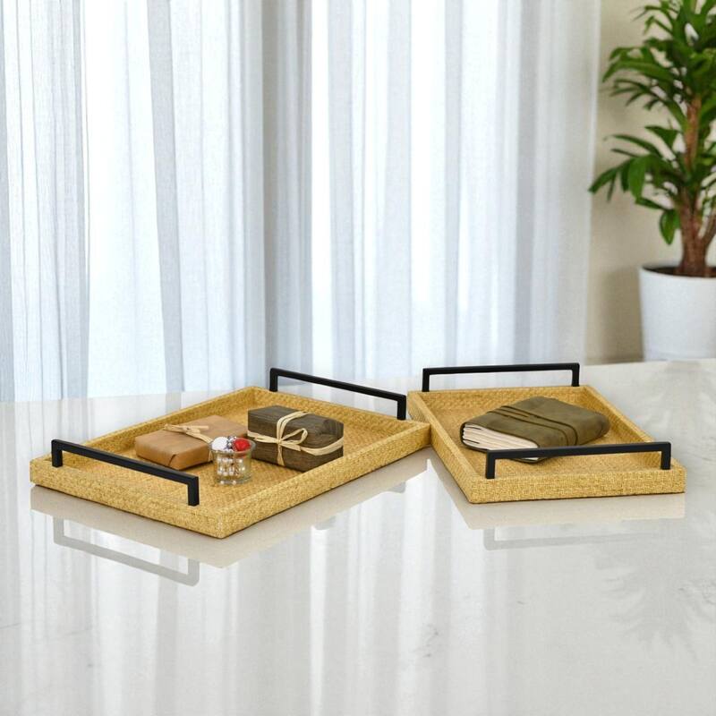 Ferelith Set of 2 Rectangular Decorative Serving Trays - Light Brown Wicker Rattan Pattern for Display, and Organization - Light Brown