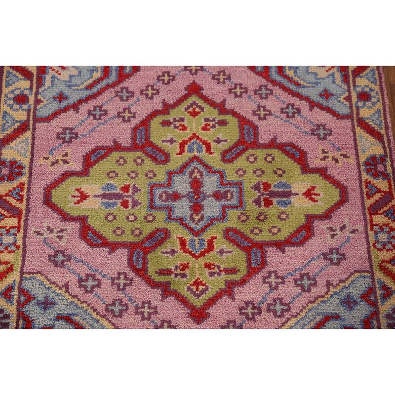 Pink Geometric Heriz Serapi Indian Runner Rug Handmade Wool Carpet - 2'8" x 9'9"
