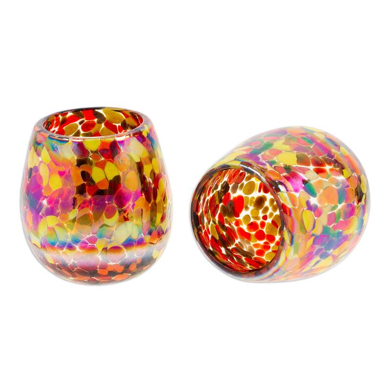 NOVICA Artisan Handblown Recycled Stemless Wine Glasses Colorful Mexican Multicolor Drinkware 'Bright Confetti' (Pair)