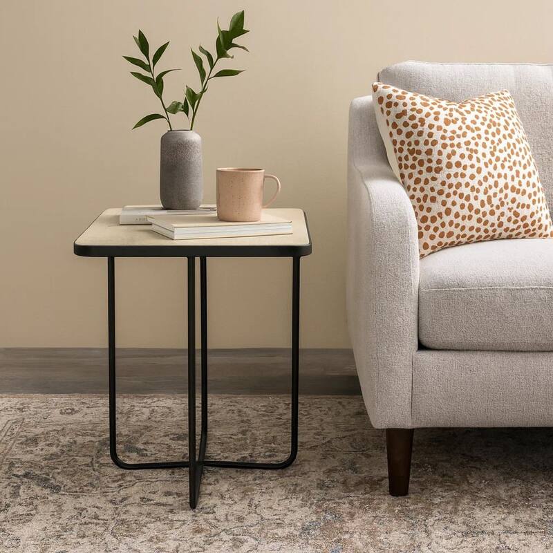 24 Inch Square Accent Side End Table, Iron, Travertine Marble Top, Black