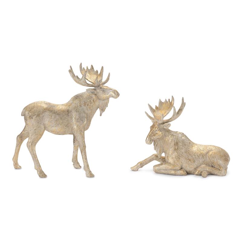 Set of 2 Resin Winter Moose Figurines with Gold and Beige Finish for Holiday Tabletop and Mantel Decor
