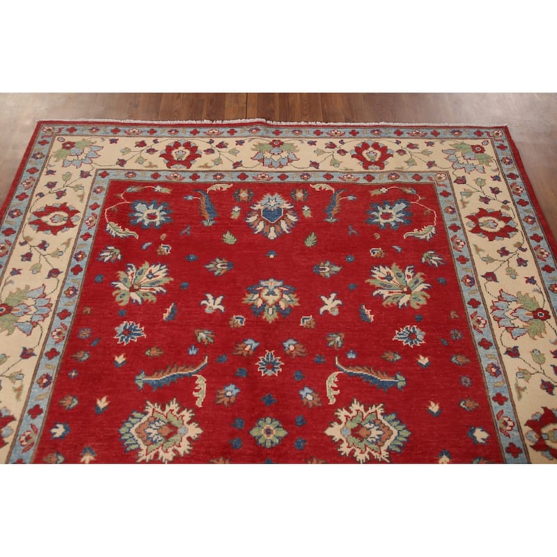Red Kazak Area Rug Hand-Knotted Floral Wool Carpet - 5'9" x 7'8"