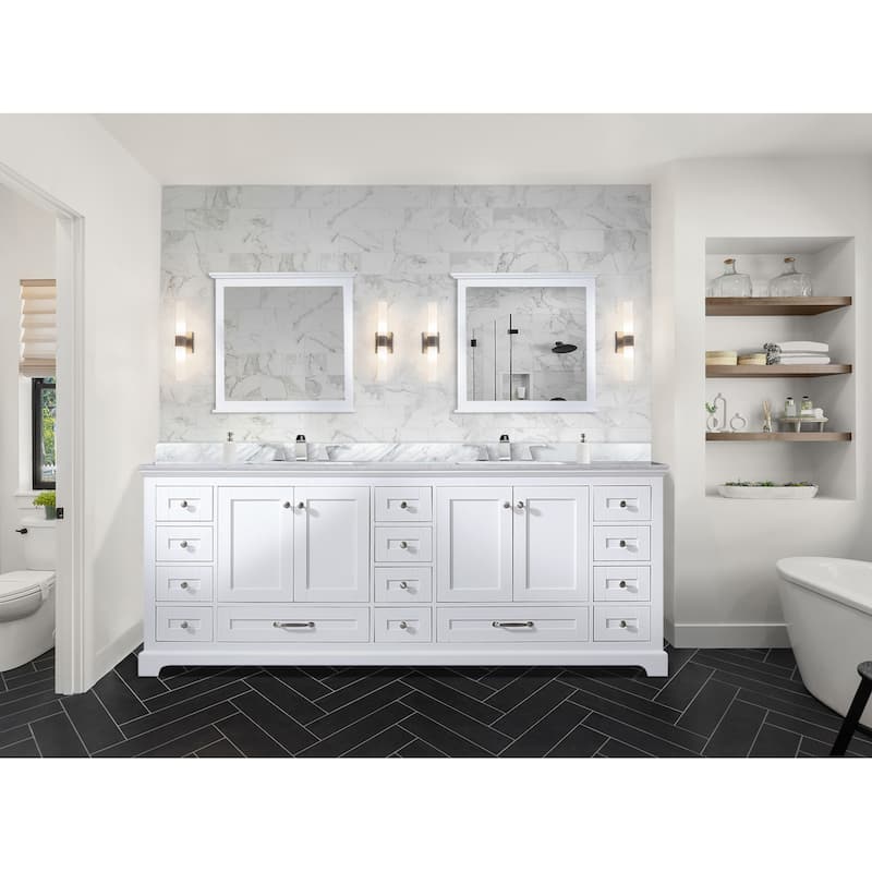 Dukes 84 in. W x 22 in. D Navy Blue Double Bath Vanity, Carrara Marble Top, Faucet Set, and 34 in. Mirrors
