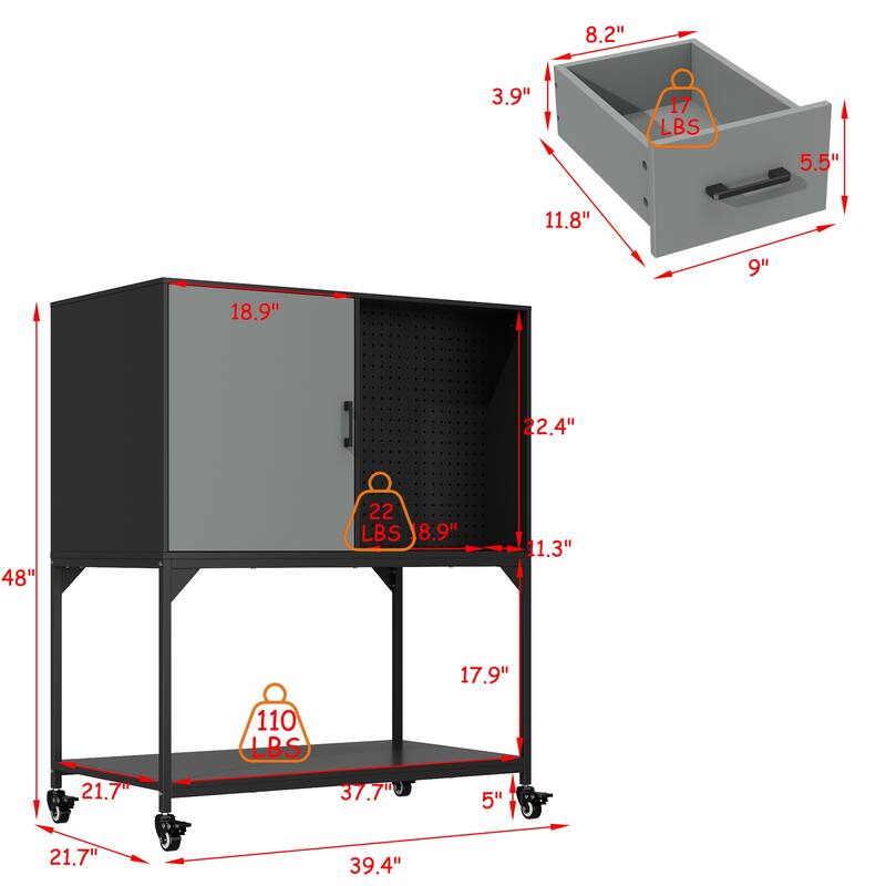 Industrial Metal Storage Cabinet with Pegboard, Adjustable Shelves and Wheels, Garage Tool Organizer with Soft-Close Doors
