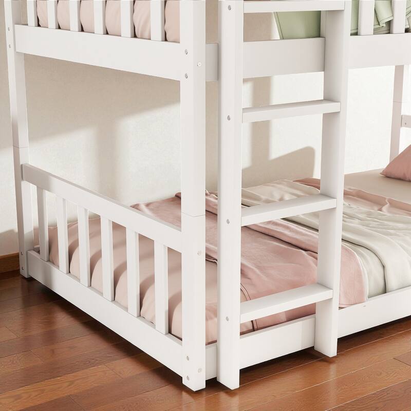 Twin Over Twin Over Twin Rubber Wood Triple Bunk Bed with Guardrails and Ladders, Detachable Convertible Triple Twin Bed Frame