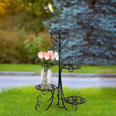 4 Potted Rounded/Square Flower Metal Shelves Plant Pot Stand for Indoor Outdoor
