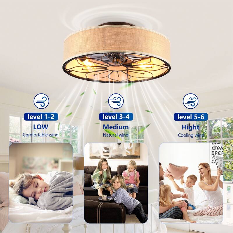 20" Caged Ceiling Fans Flush Mount,Low Profile Fabric Farmhouse Ceiling Fan with Remote Control - N/A