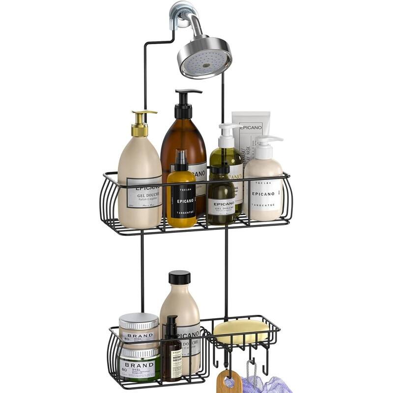 Shower Caddy Hanging, Anti-Swing Over Head Shower Caddy Rustproof with hooks for Towels, Sponge and more - Matte Black