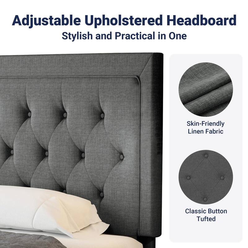 Queen Size Button Tufted Platform Bed Frame/Fabric Upholstered Bed Frame with Headboard/Wood Slat Support/Mattress Foundation