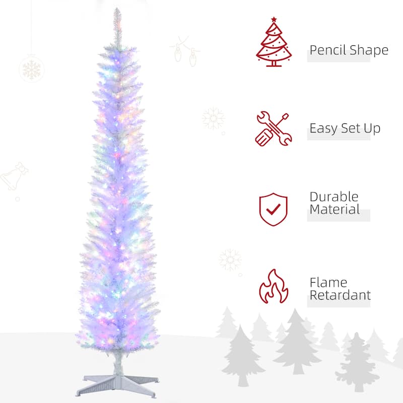 HOMCOM 7ft Tall Pencil Prelit Artificial Christmas Tree Holiday Décor with 500 Colorful Surface Branches, White - 6.89 ft