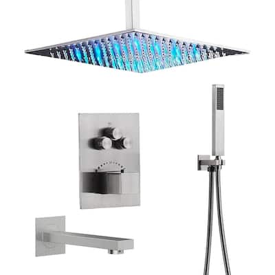 Brushed Nickel Ceiling Mount 12 inch Rainfall Shower Head 3 Way Thermostatic Shower Faucet w/ Tub Spout - Brushed Nickel