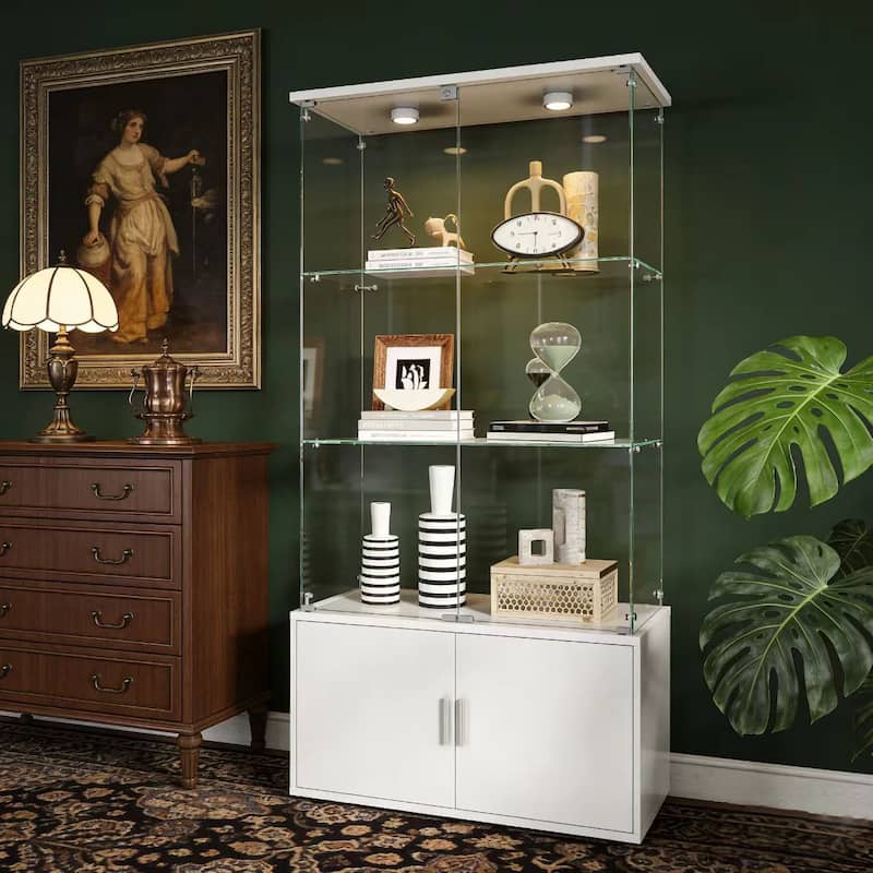 Double-door four-layer cabinet-style storage cabinet,display cabinet,wine cabinet,with remote-controlled lights,adjustable feet
