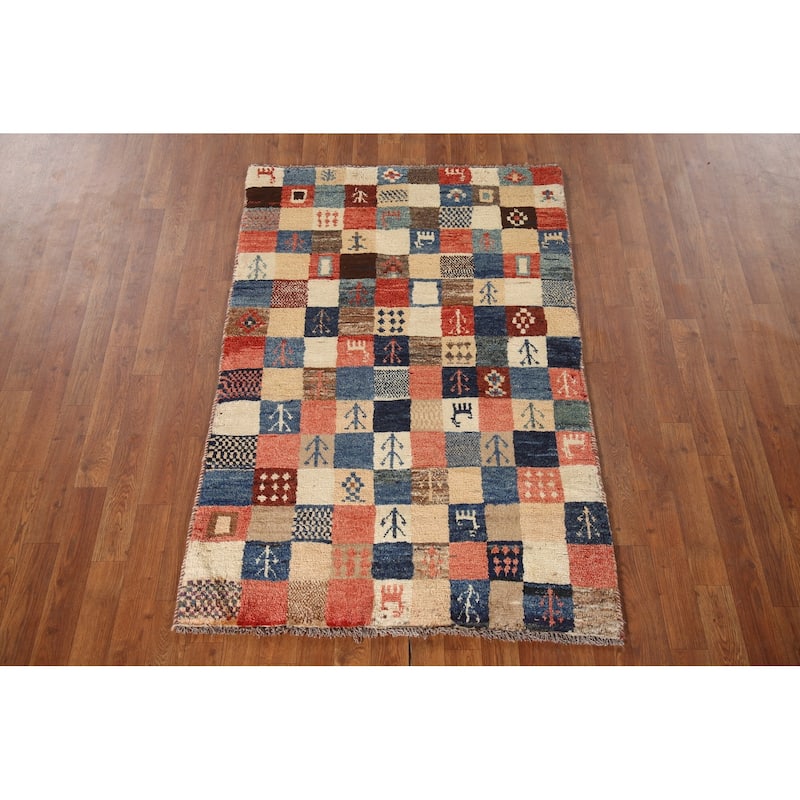Tribal Checkered Gabbeh Persian Vintage Area Rug Handmade Wool Carpet - 3'4"x 5'1"