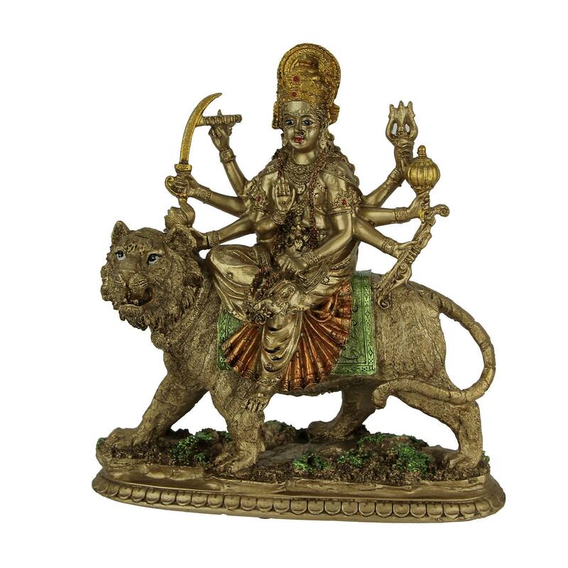 Durga Supreme Hindu Goddess Riding On Tiger Resin Statue 9.5 Inch - 9.5 X 9 X 3.5 inches