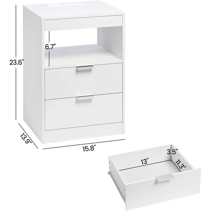 2 Drawers LED Nightstand Wireless Charging Station Pull-Out Shelf