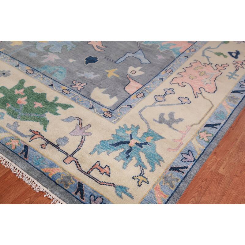 Gray Floral Oushak Indian Large Rug Handmade Wool Carpet - 11'9" x 14'11"