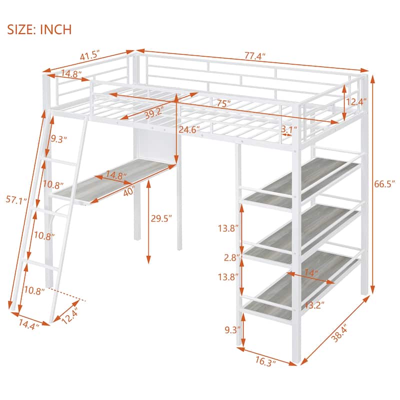 Metal High Loft Bed Frame with 3 Layers of Shelves and Desk, Kids Loft Bed Whiteboard, for Kids Bedroom