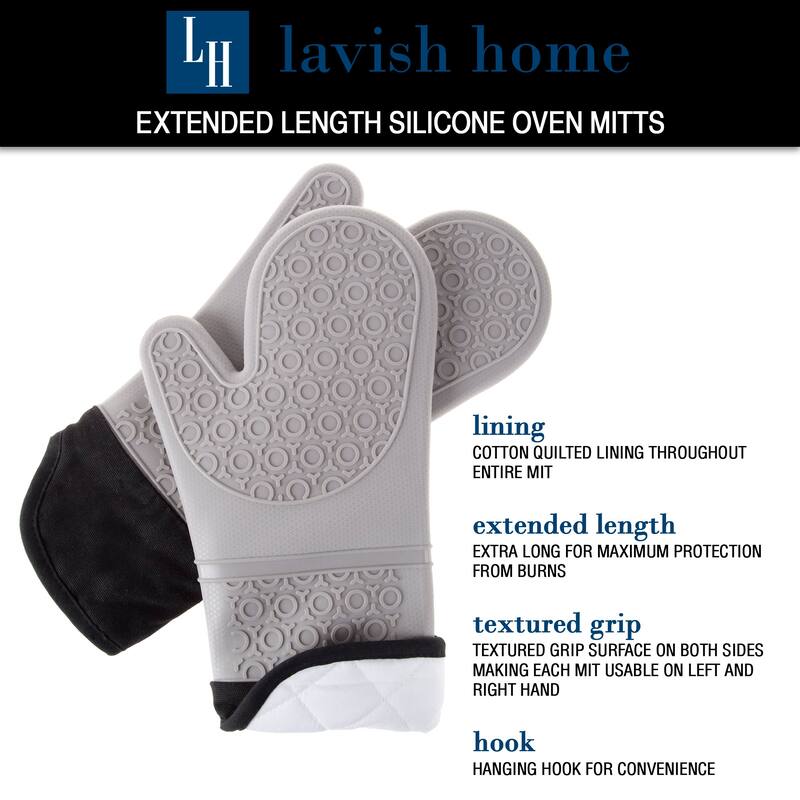 Extra-Long Silicone Oven Mitts - Heat-Resistant and Waterproof Pot Holders with Quilted Lining by Lavish Home (Gray)