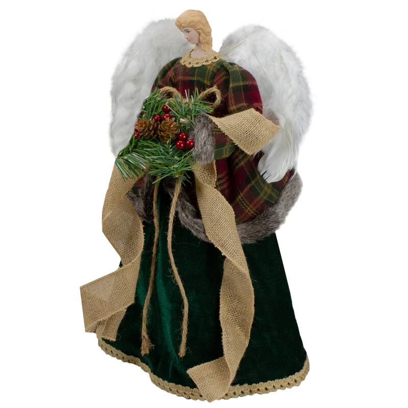 18" Red and Green Angel in a Dress Christmas Tree Topper Accented with Holly Berries - Unlit - 18