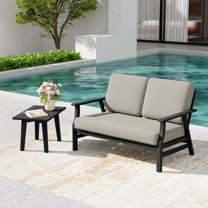 2-Piece Teak Outdoor Loveseat Set with Table.
