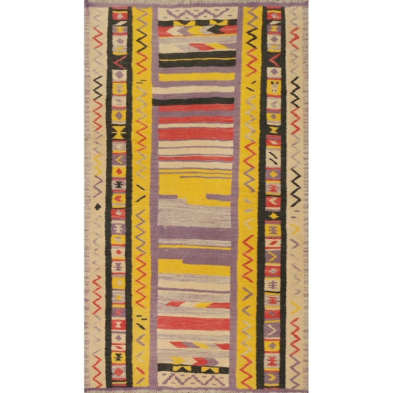 Hand Woven Oriental 100% Wool Carpet Southwestern Tribal Yellow & Gold Kilim Area Rug - 5' 0'' X 3' 3''
